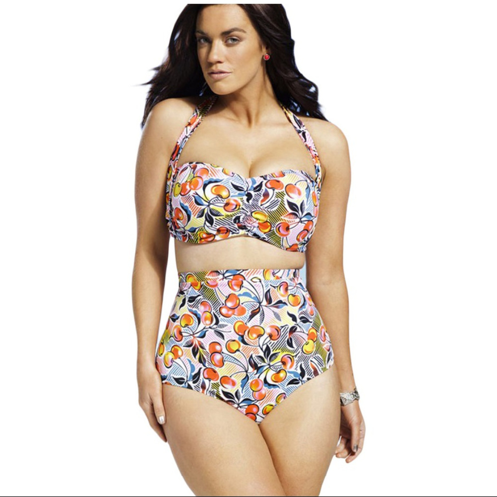 Cherry Print High Waist Plus Size Swimsuit Bikini